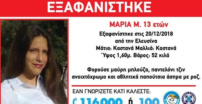 Βρέθηκε και είναι καλά στην υγεία της η 13χρονη Μαρία από την Ελευσίνα